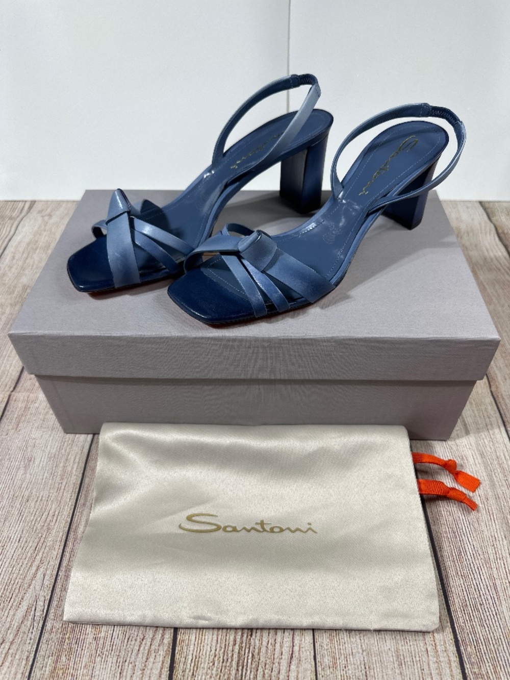 SANTONI Italy Blue Leather Knot Twist Slingback Block Heel Sandals